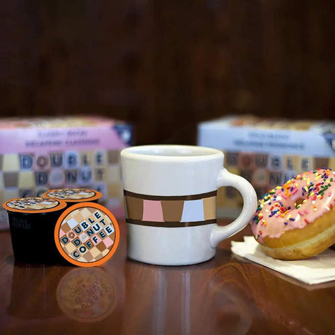 Caramel Swirl Decaf Coffee Pods For Keurig K Cups Medium Roast Flavored Coffee Pods 24 Count near cup and donut