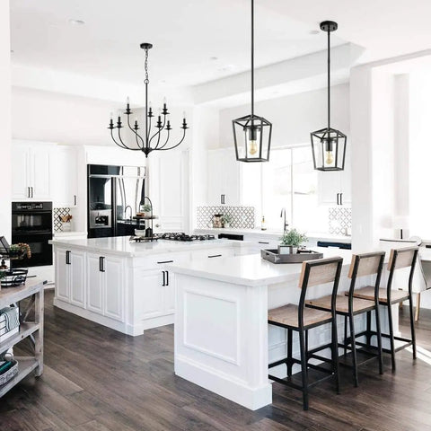 Modern Farmhouse Candle Style Dining Room Chandelier In Black Metal 32 Inch Two Tier Canopy Sturdy Industrial Fixture, kitchen view