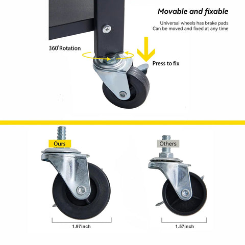 Rock Solid Four Tier Metal Shelving Rack With Smooth Roll Away Casters close-up of 360° rotating caster wheels for easy mobility.