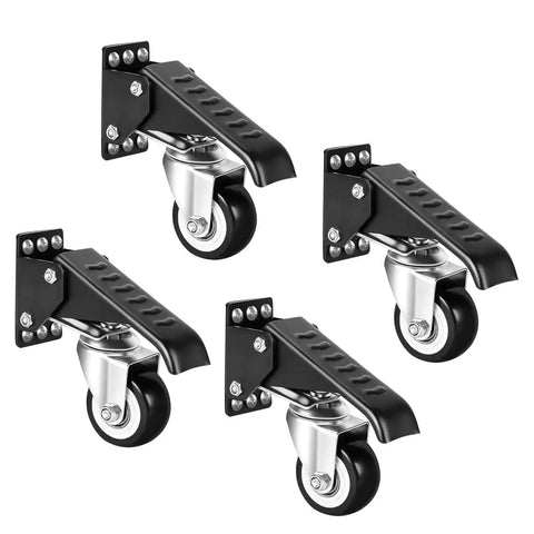 Smooth As Silk Retractable Workbench Casters 4 Pack Heavy Duty Swivel Wheels for garage tables, solid iron core, foot step pedal.