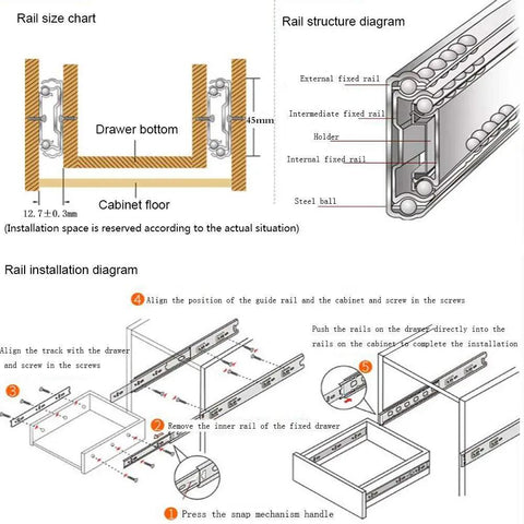 Rail size and installation diagrams for Heavy Duty Push To Open Drawer Slides Full Extension Ball Bearing Runners 34 Inch.