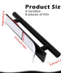 Product dimensions of 4 Pack Self Adhesive Cabinet Handles in Black ABS Plastic with peel-and-stick design and adhesive strips.