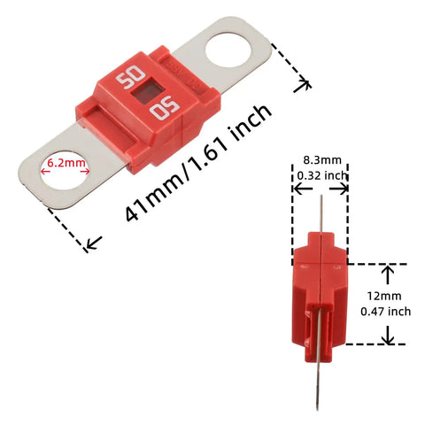 Top Shelf Heavy Duty 50 Amp Midi Fuse Holders And Bolt On High Current Screw Fuses Pack Of Two Zinc Terminals, 50A red fuse detail.