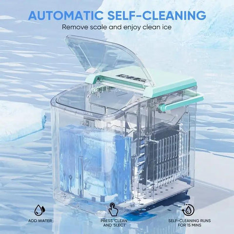 Portable Ice Maker with Self Cleaning System and Scoop Delivers Fresh Ice in Under 6 Minutes for Any Countertop Vibes, showing automatic self-cleaning feature.