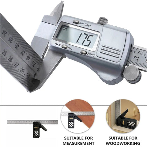 Digital caliper measuring tool displaying 1.75 mm for precise woodworking, part of Professional Grade Carpentry Combination Square Layout Ruler.