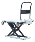 No Sweat Hydraulic Scissor Lift Platform And Portable Flatbed Dolly With Four Heavy Duty Swivel Wheels, black and silver with red wheels.