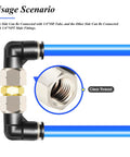 Illustration showing Push To Connect Female Elbow Fittings 5/32 Inch Tube OD X 1/4 Inch NPT Thread in use with blue tubing
