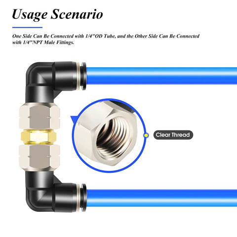 Close-up of Quarter Inch Tube OD To Quarter Inch NPT Thread Female Elbow Push To Connect Fittings 90 degree in use.