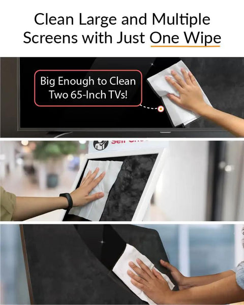 Hands using XL Pro Grade Electronics Cleaning Wipe For TV Monitor And Laptop 9 By 12 Inch Pre Moistened Cloth With 70 Percent Isopropyl Alcohol