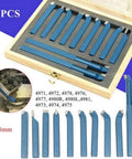 Top Shelf 11 Piece Tungsten Carbide Lathe Turning Tool Set With Heavy Duty Boring Bars And Roughing Grooving Inserts Built Tough For Real Deal Mini Lathe Work in wooden case.