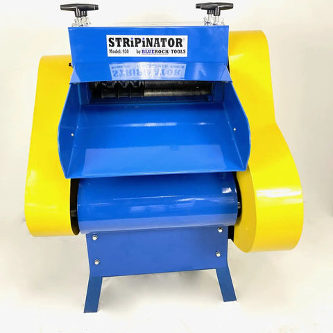 Model 930 Motorized Wire Stripper Workhorse with dual top and bottom rollers, blue and yellow heavy-duty unit front view