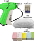 Clothing Tag Gun Kit With 6 Steel Needles 5000 Barbs And 500 Price Tags including green tagger, needles, barbs, and colorful tags.