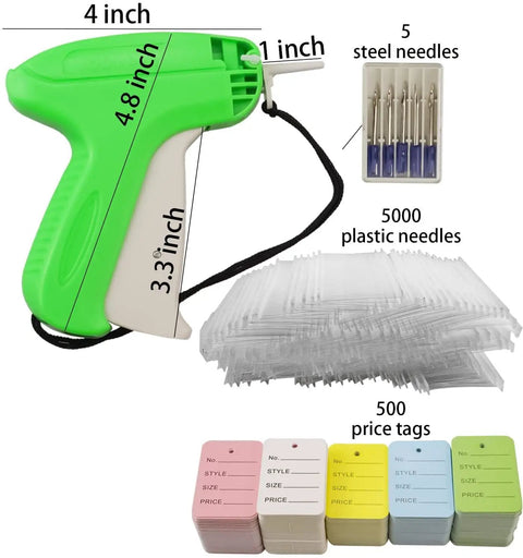 Clothing Tag Gun Kit With 6 Steel Needles 5000 Barbs And 500 Price Tags including green tagger, needles, barbs, and colorful tags.