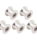 Pack of five Top Tier Aluminum GT2 Idler Pulleys with 8mm bore for 10mm timing belts, featuring a toothless design.