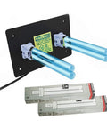 In Duct UV Light Germicidal Air Purifier For Whole House HVAC System Ozone Free 2537 Nanometers UVC Bulbs Dope Easy Install 4 Bulbs Included Plus 2 Replacement Bulbs For AC 1 To 5 Ton Ducts, showing mounting plate with bulbs.