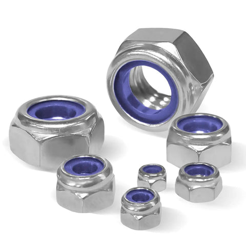Close-up of Locknut Set 210 Pcs Nylon Insert Lock Nuts Assortment M2 To M8 Stainless Steel 304, showing blue nylon inserts and varied sizes.