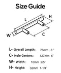 Size guide for 3 Inch Cabinet Handles Solid Stainless Steel Drawer Pulls Brushed Rose Gold Finish 5 Pack Euro T Bar Style.