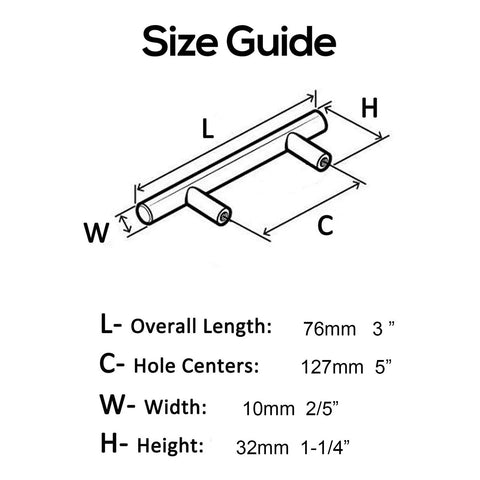 Size guide for 3 Inch Cabinet Handles Solid Stainless Steel Drawer Pulls Brushed Rose Gold Finish 5 Pack Euro T Bar Style.