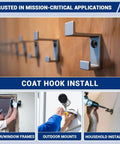 Installation of a coat hook and other setups like door frames and outdoor mounts using tools for accurate fitting.