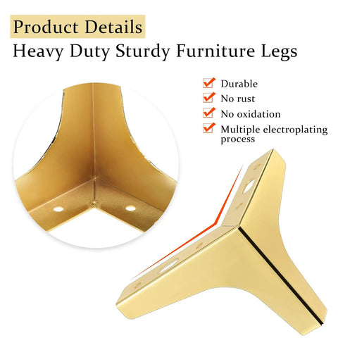 Gold 4 Inch Metal Furniture Leg Set 12 Pack Replacement Feet For Table Cabinet Sofa Dresser Couch Cupboard Chairs Ottoman Includes 48 Screws And Triangle Mount For Quick Durable Modern Makeover showing triangle mount detail.