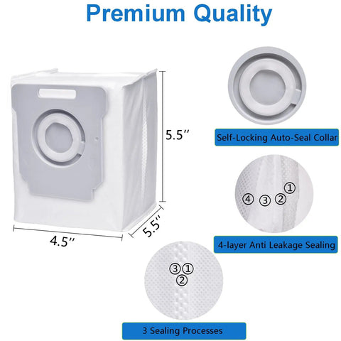 18 Pack Vacuum Bags For Roomba Series Fit I7 I7 Plus I3 I3 Plus I4 I4 Plus I6 I6 Plus I8 I8 Plus I1 I1 Plus J7 J7 Plus S9 S9 Plus With Automatic Dirt Disposal Compatibility And Upgraded Sealing For Cleaner Longer Lasting Vacuum Performance shown with dimensions and sealing details