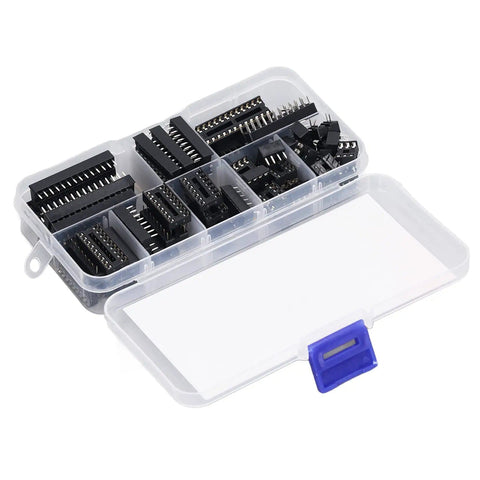 66Pcs Insulated IC Socket Kit 6P To 28P Flat Pin Sockets for PCB Boards in plastic box with compartments