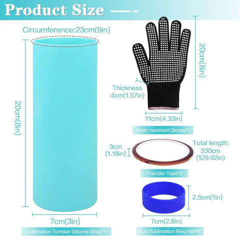 Heavy Duty Sublimation Silicone Wraps For 20 Oz Skinny Tumblers Paired With Heat Press Transfer Tapes, display with gloves and straps.
