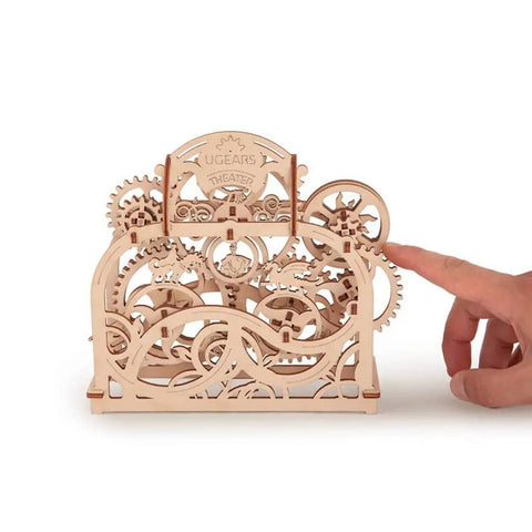 Self-Propelled 3D Theater Model Kit With Plywood Pieces Without Glue, wooden gear theater kit shown with hand pointing at moving parts