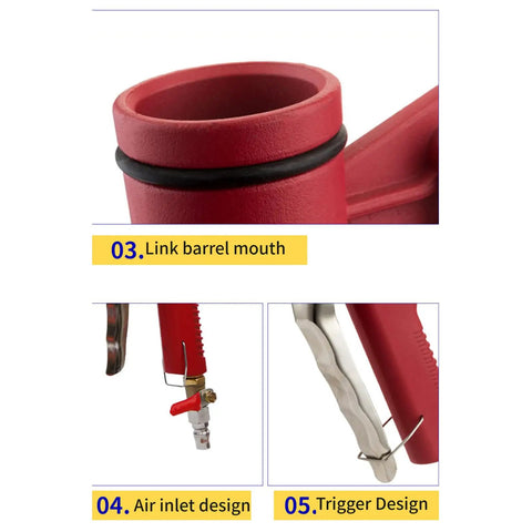 Close-up of Straight Up Professional Paint Sprayer With Rock Solid Aluminum Tank and Elbow Style Design features, showing link barrel mouth.