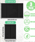 Three Pack Black Tri Fold Display Boards 24 By 16 Inches Lightweight Yet Durable Corrugated Presentation Boards For Classroom Projects Science Fairs Trade Shows Exhibits shown unfolded and folded with features