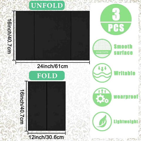 Three Pack Black Tri Fold Display Boards 24 By 16 Inches Lightweight Yet Durable Corrugated Presentation Boards For Classroom Projects Science Fairs Trade Shows Exhibits shown unfolded and folded with features