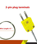 Front view of K-type thermocouple air probe with stainless steel open-hole clip and yellow 2-pin plug, 41in braided cable