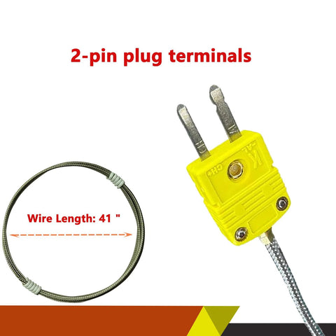 Front view of K-type thermocouple air probe with stainless steel open-hole clip and yellow 2-pin plug, 41in braided cable