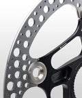 Close-up of Black 160mm Center Lock Disc Rotor for Mountain Bikes with Two Piece Floating Design, Laser Cut 410 Stainless Outer, CNC Core