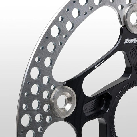 Close-up of Black 160mm Center Lock Disc Rotor for Mountain Bikes with Two Piece Floating Design, Laser Cut 410 Stainless Outer, CNC Core