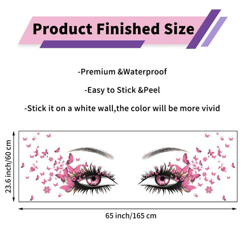 Eyelash Eyes Wall Stickers With Flying Butterflies, Girly Heart Decor Vinyl Art Decals showing size and features on white background