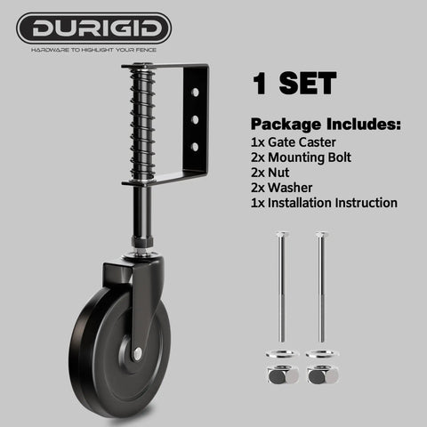 5 Inch Spring Loaded Gate Wheel Caster For Outdoor Gates Built Tough Heavy Duty Fence Wheel With 200 Lbs Capacity Fits Wooden Gates Durable PP Material Shock Absorbing Spring Black in package view with mounting bolts.