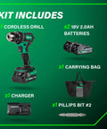 Eighteen-Volt Cordless Brushless Driver Drill Kit With Two Lithium Batteries And Charger Carry Bag Half Inch Torque Up To 620 Inch Pounds 2000 RPM Compact Beast Power Drill Set DS18DEX displayed with its components including two batteries, a charger, carrying bag, and Phillips bit #2.