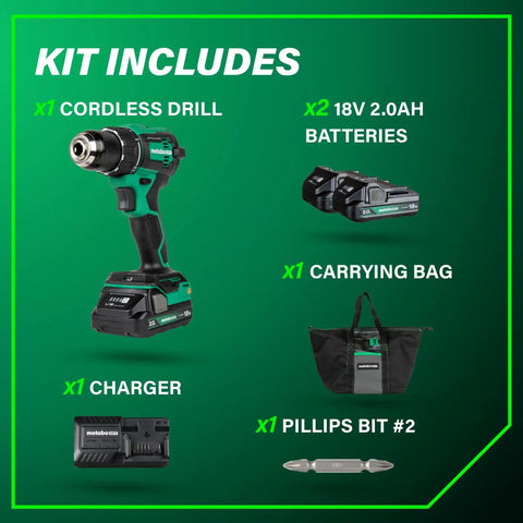 Eighteen-Volt Cordless Brushless Driver Drill Kit With Two Lithium Batteries And Charger Carry Bag Half Inch Torque Up To 620 Inch Pounds 2000 RPM Compact Beast Power Drill Set DS18DEX displayed with its components including two batteries, a charger, carrying bag, and Phillips bit #2.