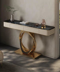 Dead Fresh Modern Console Table With Two Sneaky Push Down Drawers Heavy Duty Industrial Metal Frame Entryway Stand in gold and black.