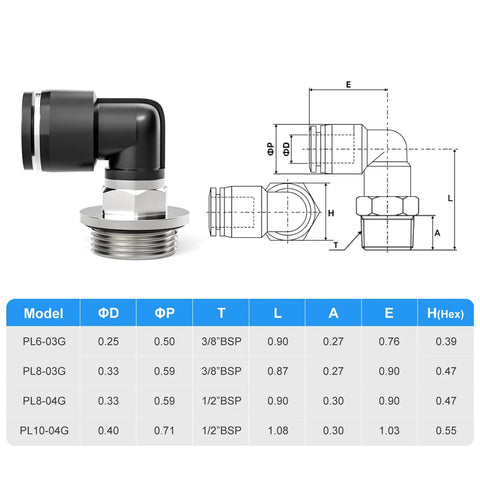 Diagram and specifications of Male Elbow Push To Connect Fittings For Pneumatic Systems, 8mm Tube OD x 3/8 Inch BSP, 90 Degree Copper And Plastic