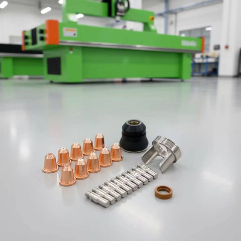 Pro Grade Torch Consumables Kit With Cutter Nozzles Electrodes Retaining Cap Insulating Cap And Washers, Heavy Duty Spare Parts For Fabrication Shops, Repair Garages, And Home Workshops on workbench