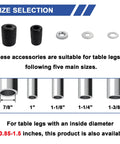 Image showing size options for Heavy Duty 3 Inch Expanding Stem Casters With Side Brake suitable for various pipe leg dimensions.