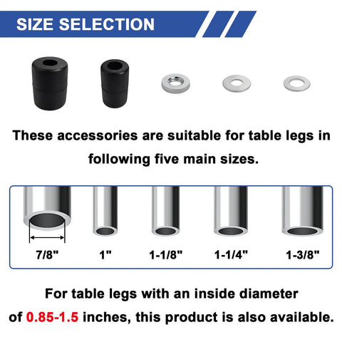 Image showing size options for Heavy Duty 3 Inch Expanding Stem Casters With Side Brake suitable for various pipe leg dimensions.