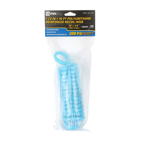 Badass 1/4 Inch Coiled Polyurethane Air Hose For Air Compressors With Swivel Fittings And Bend Restrictors Blue in packaging.