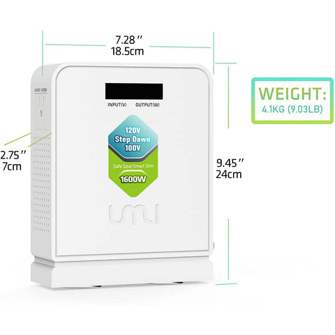 Dimensions of 120V To 100V Voltage Converter 1600W Step Down Toroidal For Japan Appliances Used In The US shown on white background