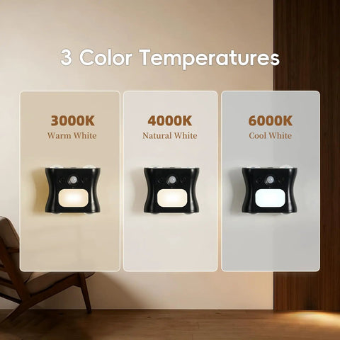 Three color temperature options of Motion Sensor Light Indoor with Remote, Rechargeable Wireless LED Sconce, displaying 3000K, 4000K, 6000K.