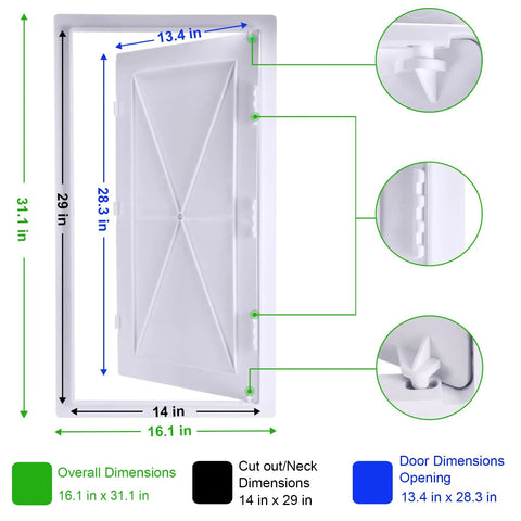 Rock Solid Hinged Access Panel 14x29 Inch with dimensions and details showing smooth swing design and durable material.