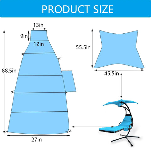 Size dimensions of Outdoor Hanging Lounge Chair Cushion Cover And Umbrella Fabric Set for patio use, showing shapes and measurements.