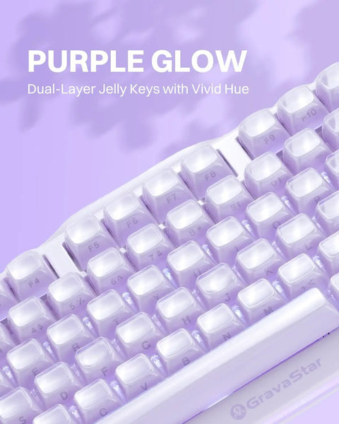 Compact 75 Percent Wireless Mechanical Gaming Keyboard Featuring Premium Aluminum Chassis And Adjustable RGB Lighting with purple glow dual-layer jelly keys.
